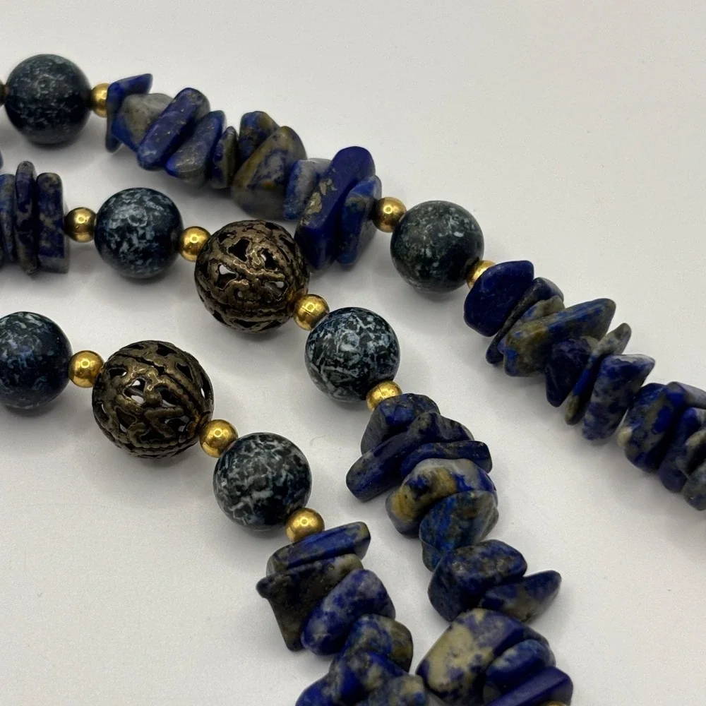 Vintage Lapis Lazuli Chips Filagree Beaded Necklace 31